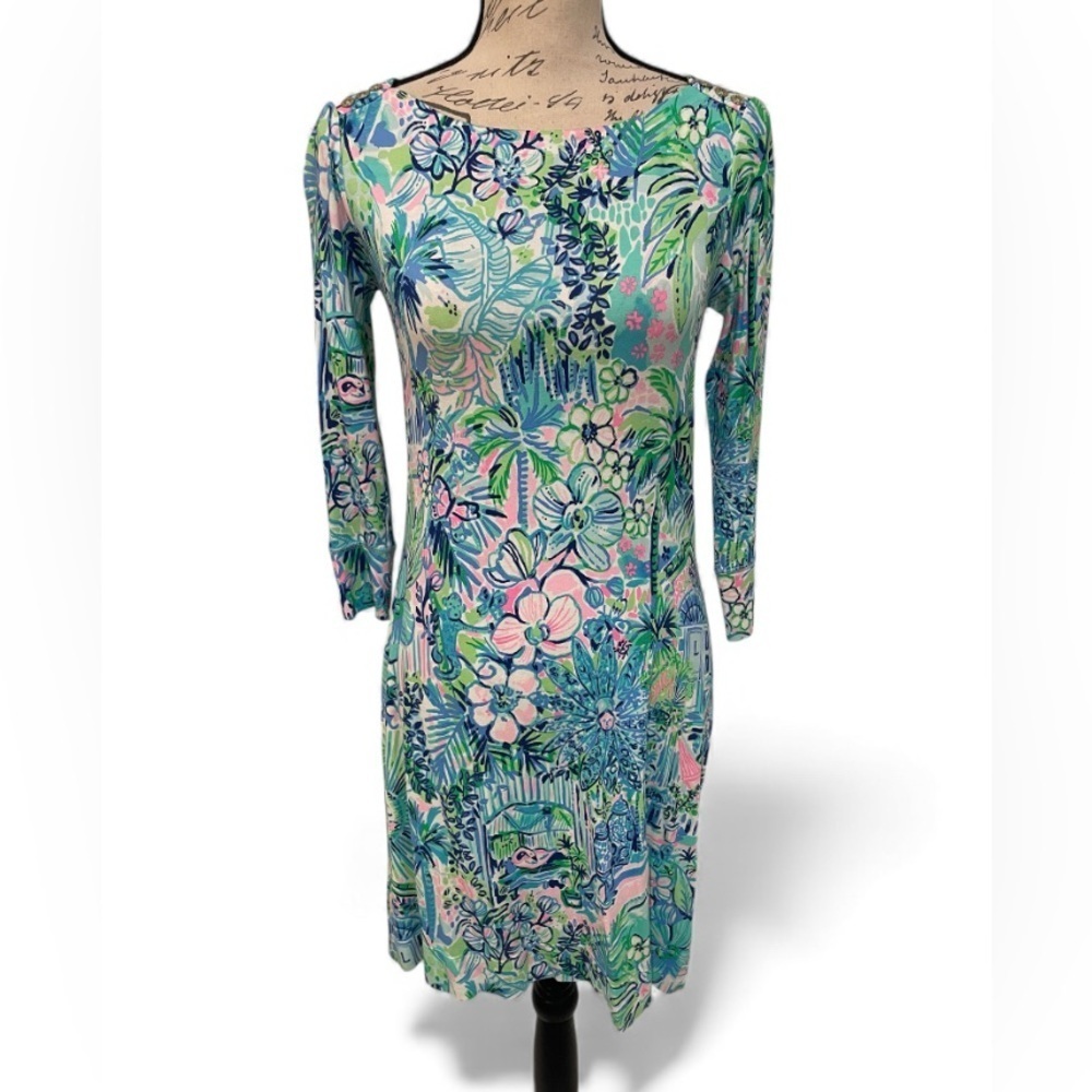 Lilly Pulitzer XS Tropical Scenic Print Dress 3/4 Sleeve Gold Button Boatneck